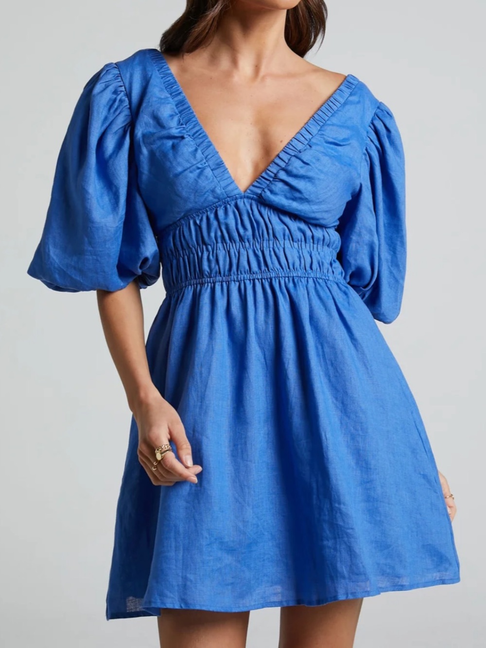 Amalie the Label Khaila Linen Plunge Puff Sleeve Blue Mini Dress